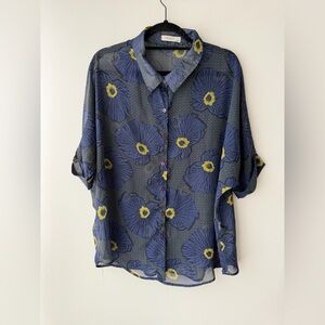 Rokoko Sheer Floral Blouse - Blue Poppy Pattern